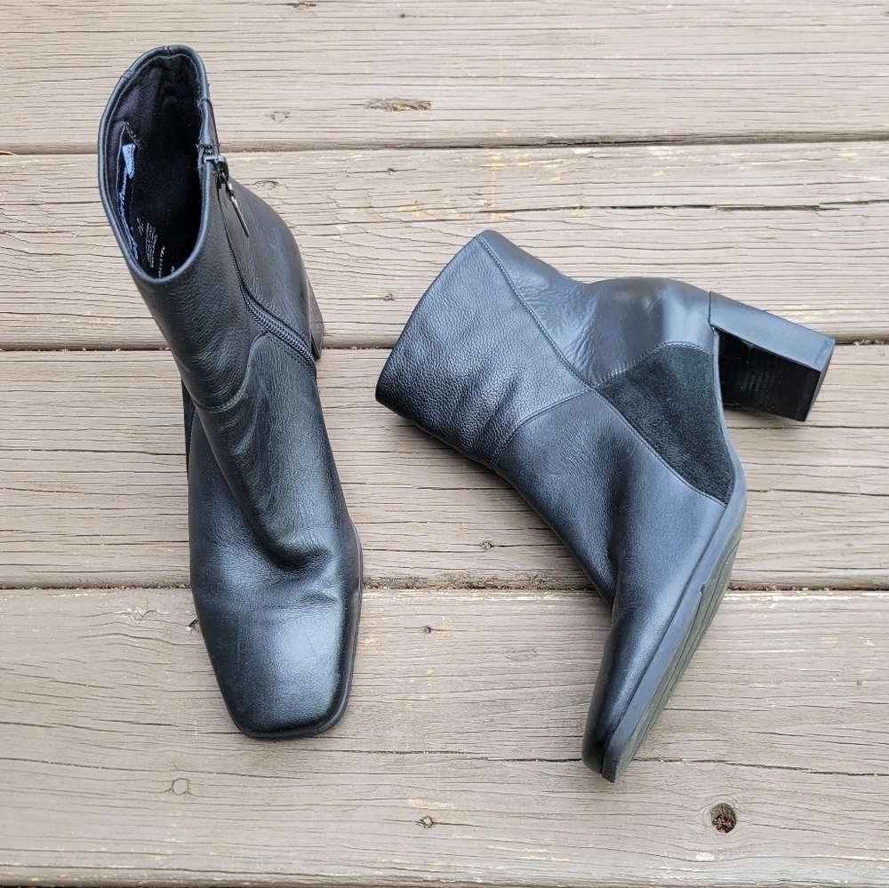 Vintage 90s y2k Bratz Black Leather Square Toe‎ Chunky Heel Zipper Ankle Boots 8